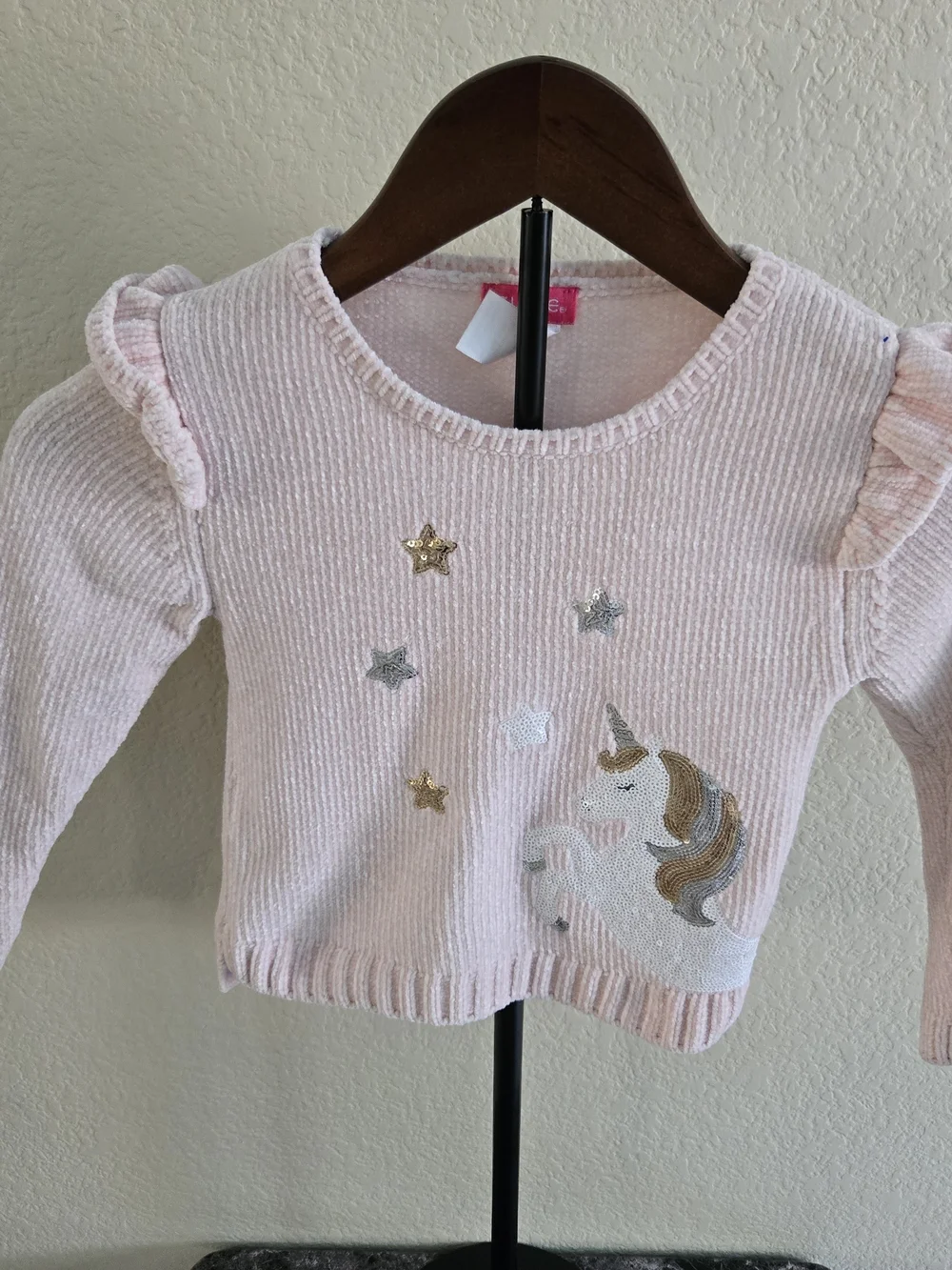 Light Pink Knit Unicorn Sweater with Metallic Stars